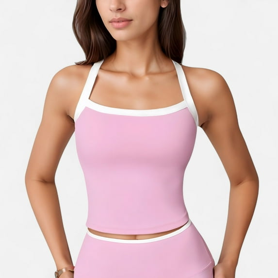 Women's Square Neck Cropped Active Tank with Contrast Trim and Built-In Bra for Light Support - Small, Pink
