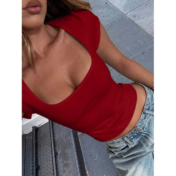 Women's Square Neck Cropped Short Sleeve T-Shirt, Cute Basic Tee For Summer Casual