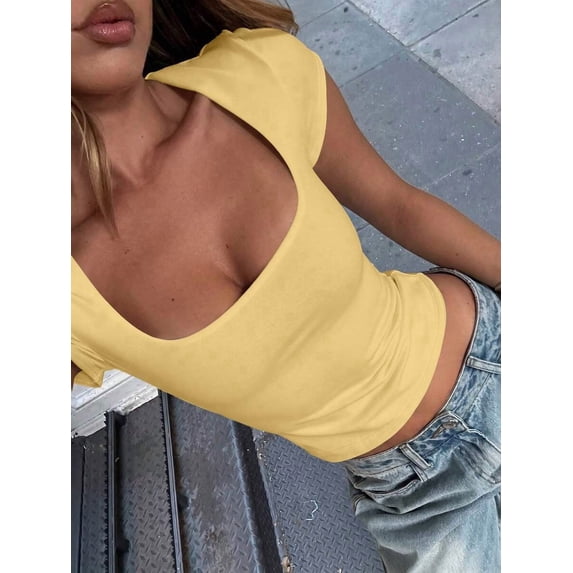 Women's Square Neck Cropped Short Sleeve T-Shirt, Cute Basic Tee For Summer Casual
