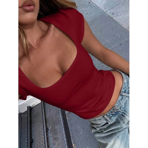 Women's Square Neck Cropped Short Sleeve T-Shirt, Cute Basic Tee For Summer Casual