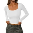 thumbnail image 1 of Women's Square Neck Cropped T-Shirts Long Sleeve Casual Top Slim Fit Shirts Basic Fashion Solid Color Tunic Tops (M, White), 1 of 5