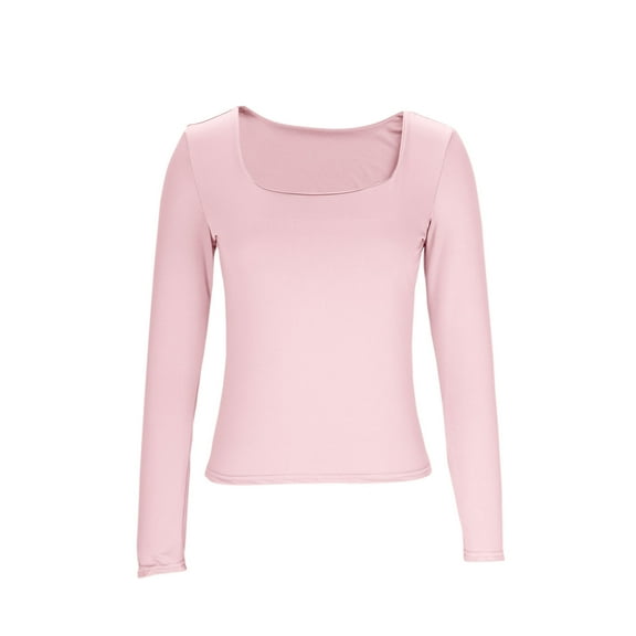 Women's Square Neck Cropped T-Shirts Long Sleeve Lightweight Casual Solid Color Shirts Fashion Slim Fit Tunic Tops (S, Pink)