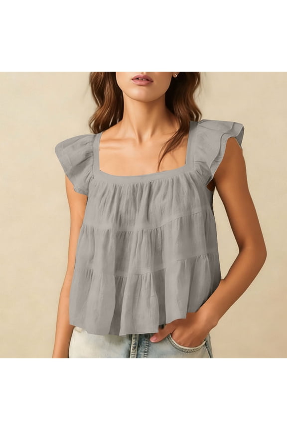 Women's Square Neck Cropped Tops Pleated Ruffle Cap Sleeve Cotton Linen Shirts Summer Casual Lightweight Loose Beach Vacation Blouses