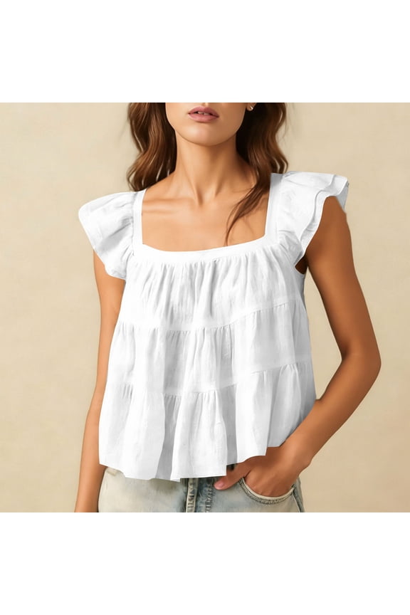 Women's Square Neck Cropped Tops Pleated Ruffle Cap Sleeve Cotton Linen Shirts Summer Casual Lightweight Loose Beach Vacation Blouses
