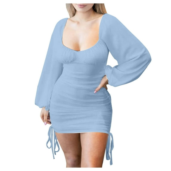 Women's Square Neck Dress Long Sleeve Drawstring Ruched Wrap Dress Casual Slim Fit Party Beach Mini Dresses