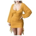 thumbnail image 1 of Women's Square Neck Dress Long Sleeve Drawstring Ruched Wrap Dress Casual Slim Fit Party Beach Mini Dresses, 1 of 9