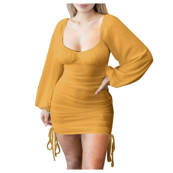 Women's Square Neck Dress Long Sleeve Drawstring Ruched Wrap Dress Casual Slim Fit Party Beach Mini Dresses