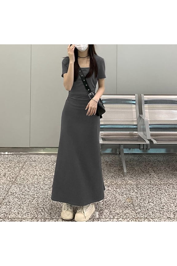 Women's Square Neck Dress Short Sleeve French Ruffle Waist Slimming Maxi Dresses Gray XXL
