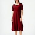 thumbnail image 1 of WHLBF Women's Square Neck Dress Solid Color Short Sleeve Slim Fit Summer Dresses Wine XL, 1 of 5