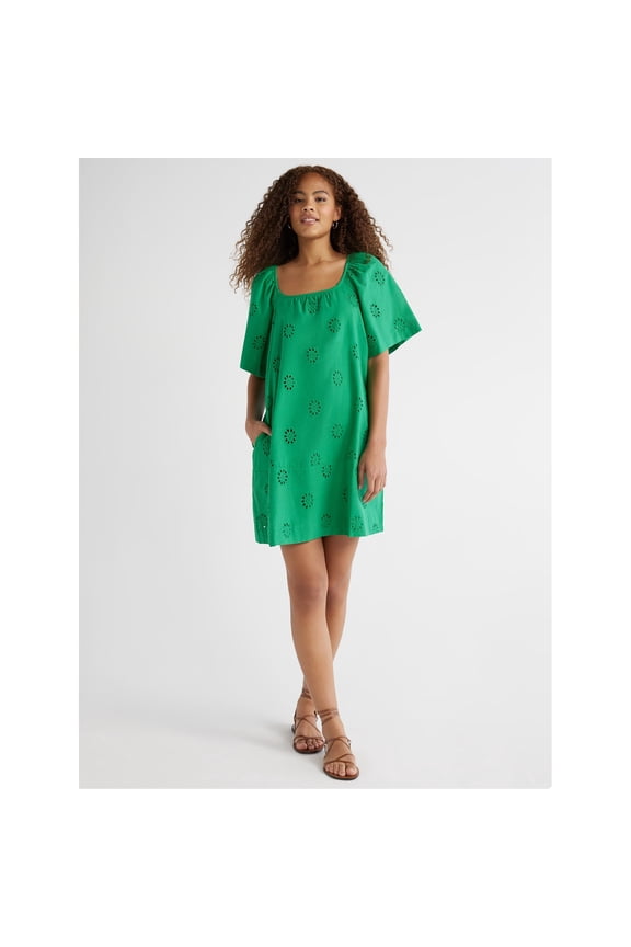 Women's Square Neck Eyelet Mini Dress with Short Sleeves, Size L Jelly Bean Green