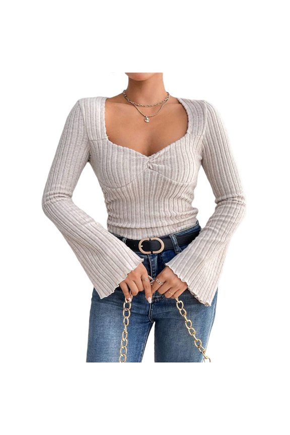 Women's Square Neck Flared Long Sleeve T-Shirt, Spring, Autumn and Winter Slim Fit Top Color L
