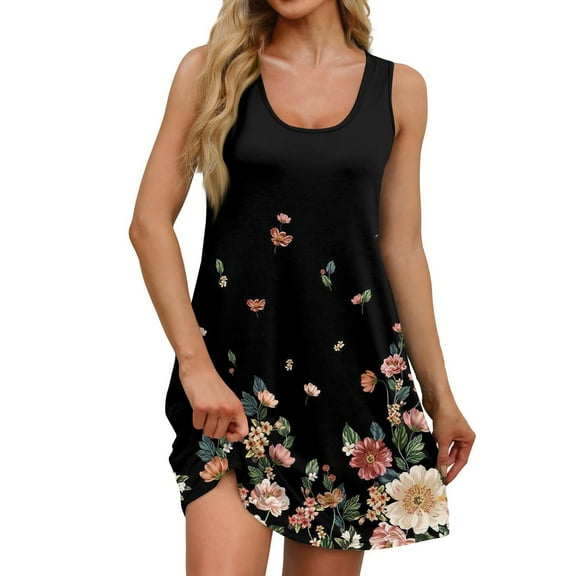 Women's Square Neck Floral Print Sleeveless Dress Casual Summer Dress with Pockets and Smocked Bodice for Coffee Shop Dates,Black L