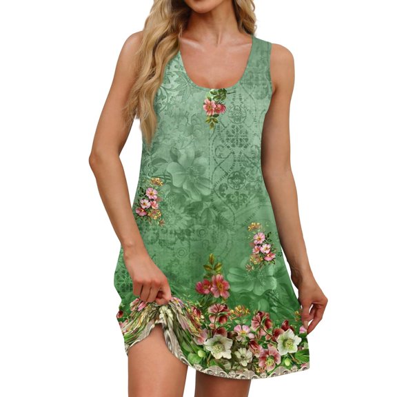 Women's Square Neck Floral Print Sleeveless Summer Dress Casual Loose Fit Sundress with Side Pockets and Back Tie Detail,Green S