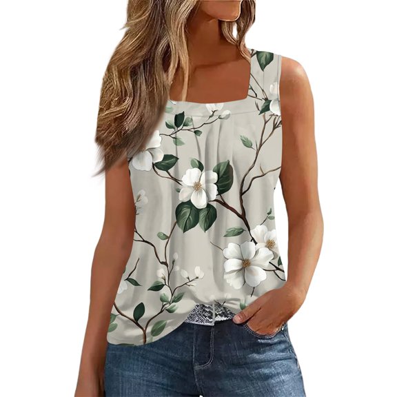 Women's Square Neck Floral Print Sleeveless Tank Top, Airy Loose Fit Summer Blouse for Casual or Beach Outings,Light Gray S