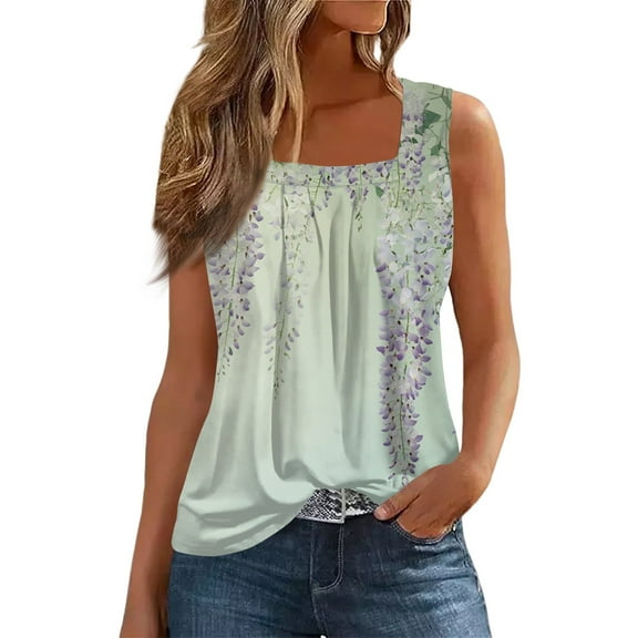 Women's Square Neck Floral Print Sleeveless Tank Top, Airy Loose Fit Summer Blouse for Casual or Beach Outings,Light Green S