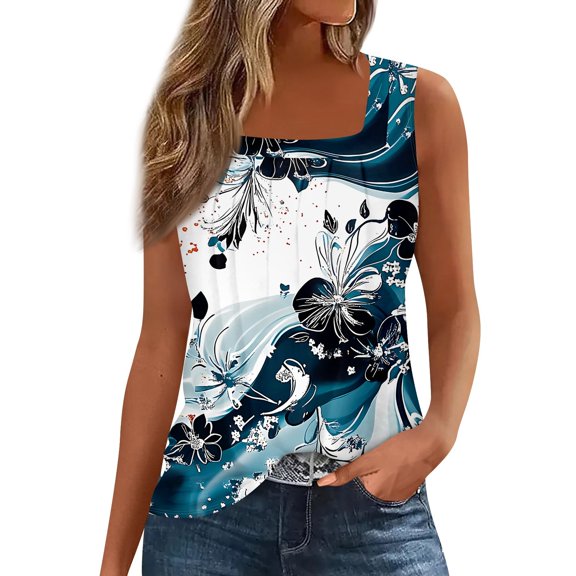 Women's Square Neck Floral Print Sleeveless Tank Top, Casual Loose Fit Summer Blouse with Breathable Fabric,Navy S