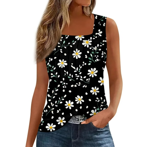 Women's Square Neck Floral Print Tank Top, Loose Fit Sleeveless Summer Blouse with Casual Chic Design,Black L