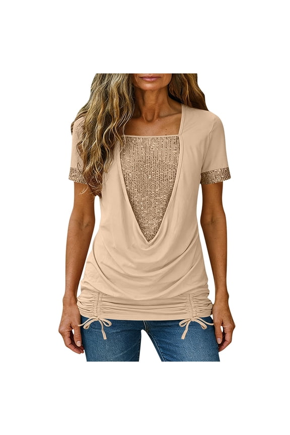 Women's Square Neck Front Draped Sparkly Tops Short Sleeve Elegant Tee Sequin Patchwork Drawstring Hem Shirts