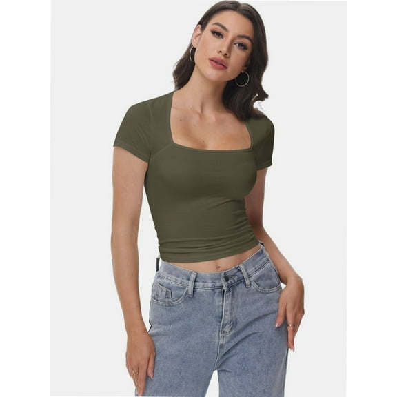 Women's Square Neck Going Out Tops Sexy Slim Fit Short Sleeve T Shirts Smoke Cloud Pro Collection