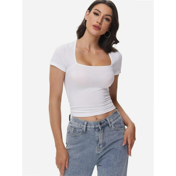 Women's Square Neck Short Sleeve T-Shirt - Slim Fit Sexy Top for Going Out