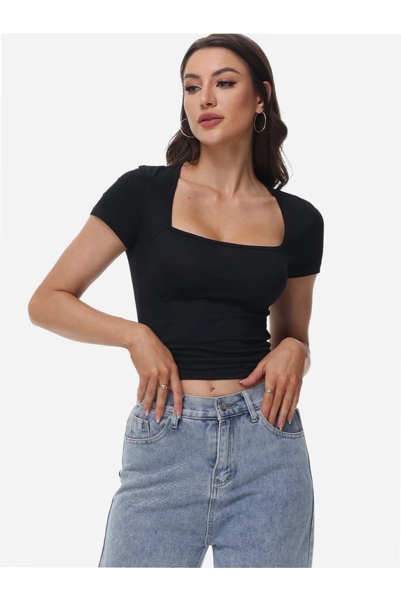 Women's Square Neck Short Sleeve T-Shirt - Slim Fit Sexy Top for Going Out