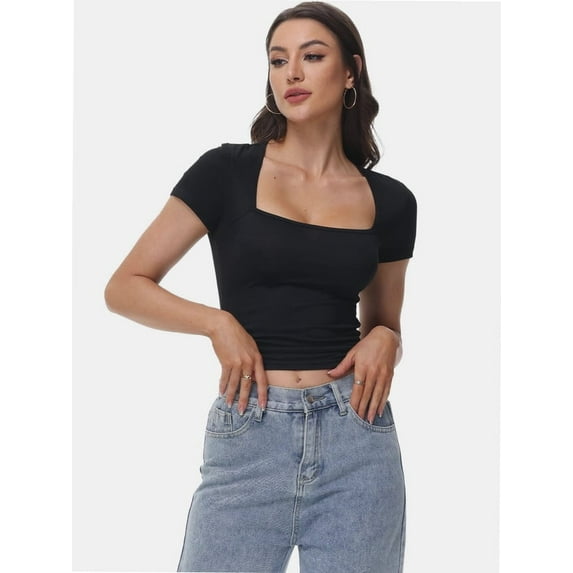 Women's Square Neck Going Out Tops Sexy Slim Fit Short Sleeve T Shirts Smoke Cloud Pro Collection