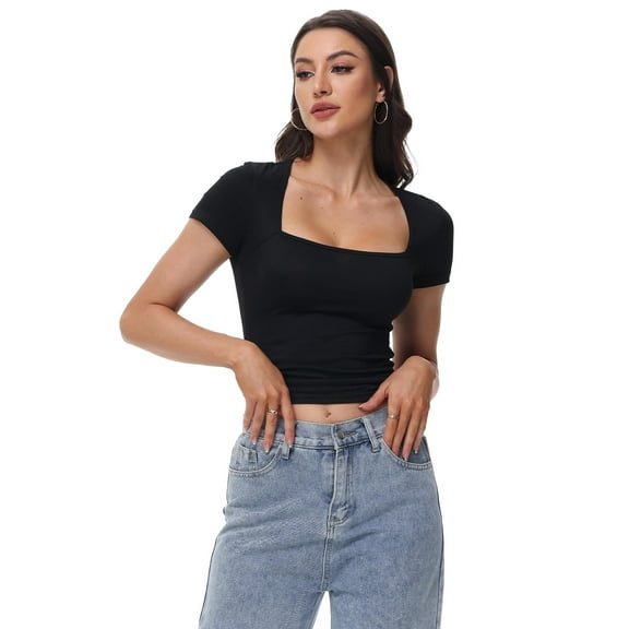 Women's Square Neck Going Out Tops Sexy Slim Fit Short Sleeve T Shirts Smoke Cloud Pro Collection