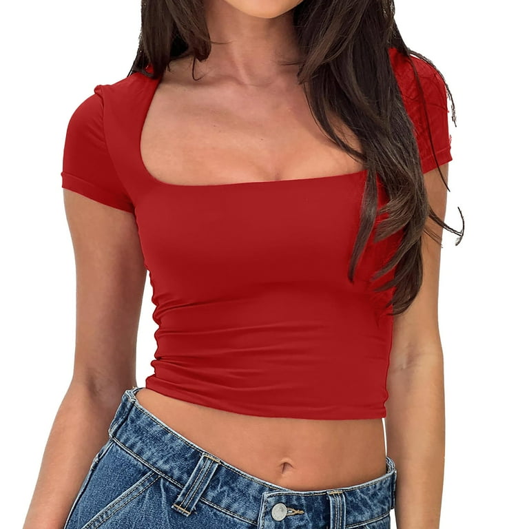 Women’s Square Neck Going Out Tops Short Sleeve Slim Fitted T 