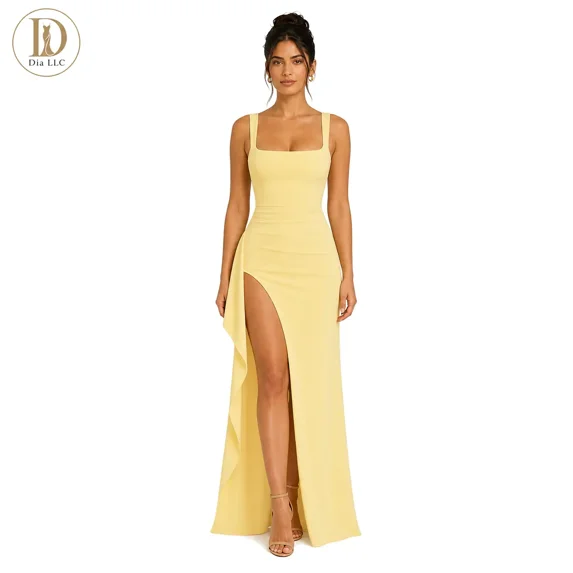 Women’s Square Neck High Slit Maxi Dress, Sleeveless Bodycon Evening Gown, Elegant Long Dress for Wedding Guest, Party and Vacation