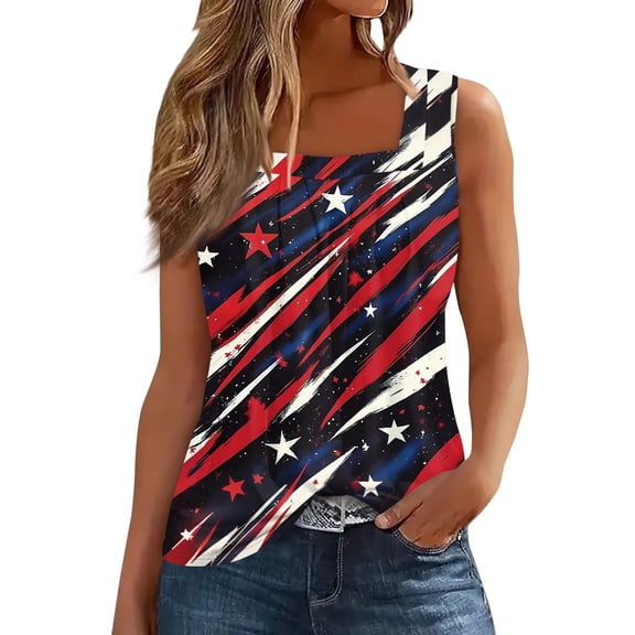 Women's Square Neck Independence Day Print Tank Top, Patriotic Sleeveless Summer Shirt for Casual Celebrations,Black S