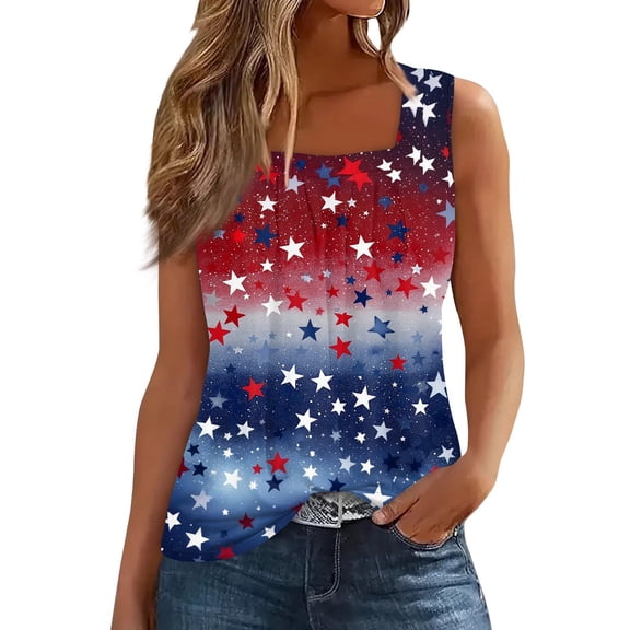 Women's Square Neck Independence Day Print Tank Top, Patriotic Sleeveless Summer Shirt for Casual Celebrations,Blue S