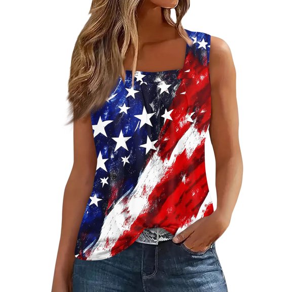 Women's Square Neck Independence Day Print Tank Top, Patriotic Sleeveless Summer Shirt for Casual Celebrations,Dark Blue S