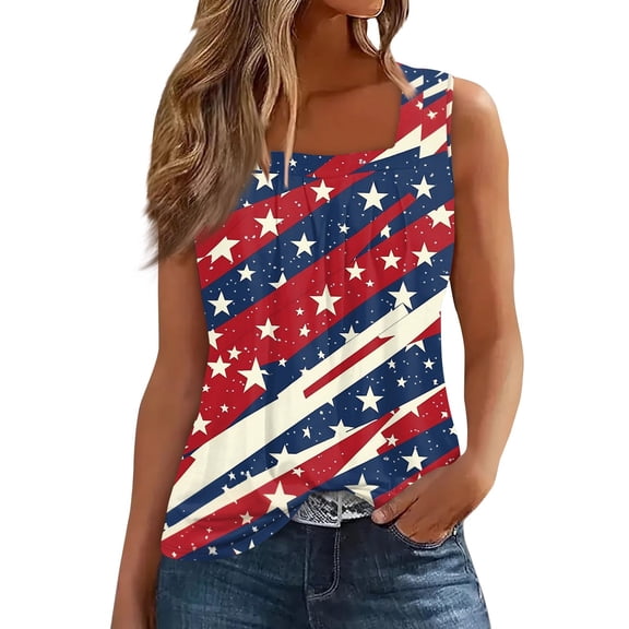 Women's Square Neck Independence Day Print Tank Top, Patriotic Sleeveless Summer Shirt for Casual Celebrations,Watermelon Red L