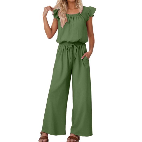 Women's Square Neck Jumpsuit with Puff Sleeves and Tie Waist Casual Summer Romper for Daily Wear Outfits