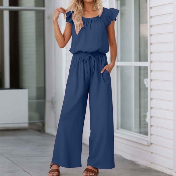 Women's Square Neck Jumpsuit with Puff Sleeves and Tie Waist Casual Summer Romper for Daily Wear Outfits