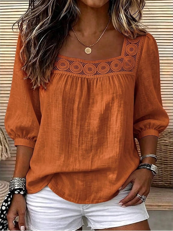 Women's Square Neck Lace Trim Blouse, 3/4 Puff Sleeve Loose Fit Top, Boho Cottagecore Peasant Shirt, Casual Vacation Going Out Wear