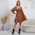 thumbnail image 1 of Women's Square Neck Lantern Long Sleeve Shirred Ruffle A Line Flowy Party Mini Dress, 1 of 5