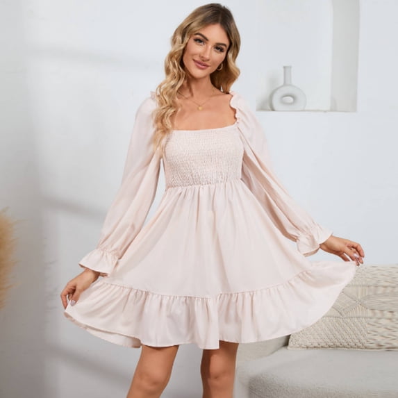 Women's Square Neck Lantern Long Sleeve Shirred Ruffle A Line Flowy Party Mini Dress
