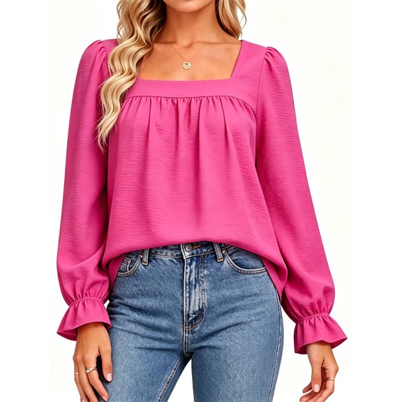 Women’s Square Neck Long Sleeve Blouse Puff Shoulder Ruffle Cuffs Top