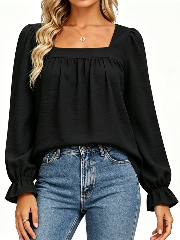 Women’s Square Neck Long Sleeve Blouse Puff Shoulder Ruffle Cuffs Top