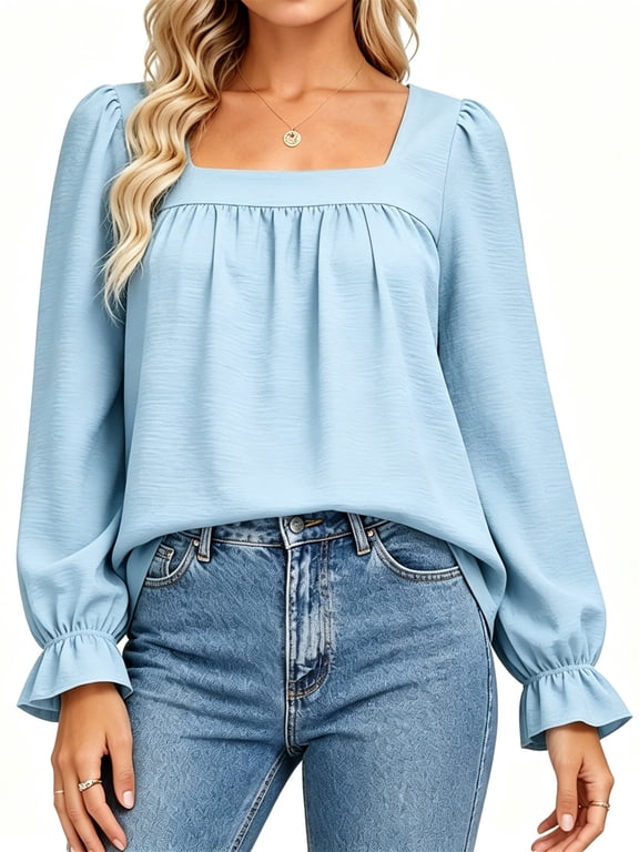 Women’s Square Neck Long Sleeve Blouse Puff Shoulder Ruffle Cuffs Top