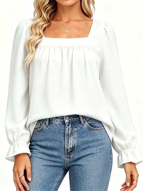 Women’s Square Neck Long Sleeve Blouse Puff Shoulder Ruffle Cuffs Top