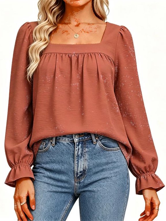 Women’s Square Neck Long Sleeve Blouse Puff Shoulder Ruffle Cuffs Top