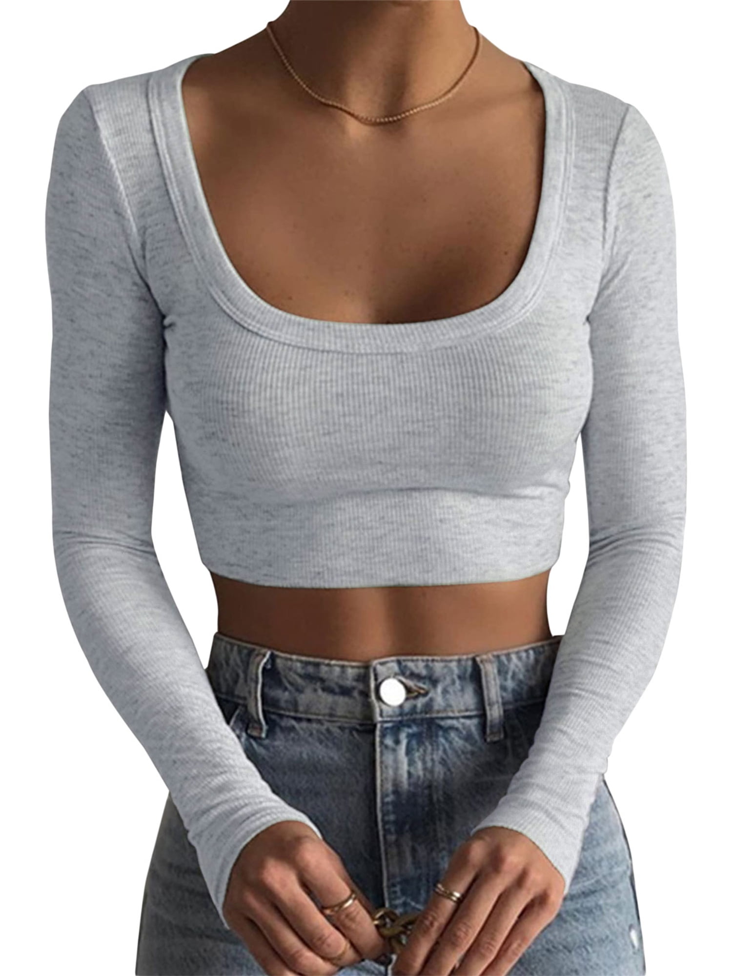 Women\'s Square Neck Long Sleeve Crop Top Ribbed Knit Slim Fit Bodycon  Skinny Cropped Tee Shirts Blouse Streetwear Light Grey