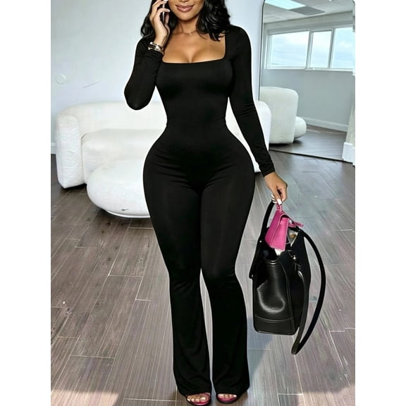 Women's Square Neck Long Sleeve Jumpsuit, Solid Color Fitted Casual Jumpsuit
