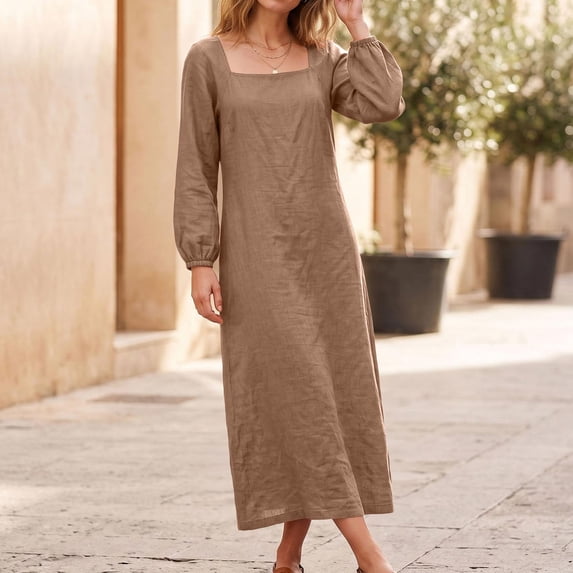 Women's Square Neck Long Sleeve Maxi Dress, Elastic Cuff Loose Fit Flowy Dress for Vacation Daily Wear Fall Wedding Guest, Women's Plus L