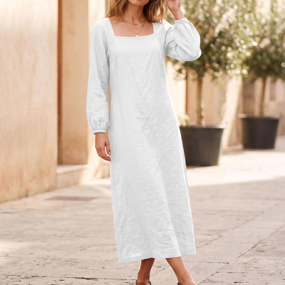 Women's Square Neck Long Sleeve Maxi Dress, Elastic Cuff Loose Fit Flowy Dress for Vacation Daily Wear Fall Wedding Guest, Women's Plus M