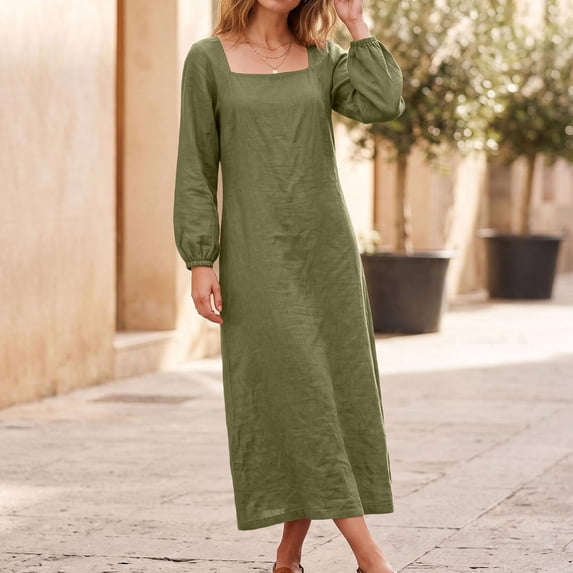 Women's Square Neck Long Sleeve Maxi Dress, Elastic Cuff Loose Fit Flowy Dress for Vacation Daily Wear Fall Wedding Guest, Women's Plus XL