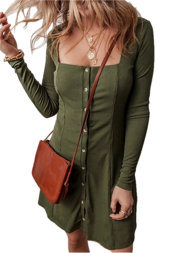 Women's Square Neck Long Sleeve Mini Dress 95% polyester 5% elastane Lightweight Stretch Sheer Bodice Not Lined