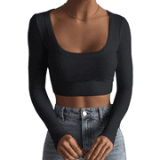 Womens Square Neck Long Sleeve Ribbed Slim Fitted Casual Basic Crop Top Black L